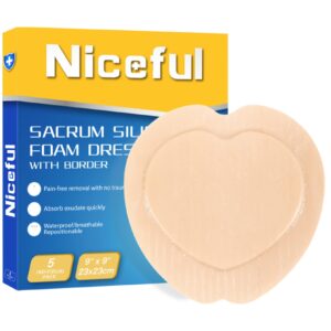 Niceful Sacral Foam Dressing 9"x9", HSA FSA Eligible, Sacral Silicone Foam Dressing with Border Bed Sore Bandages for Large Wound, 5 Pcs