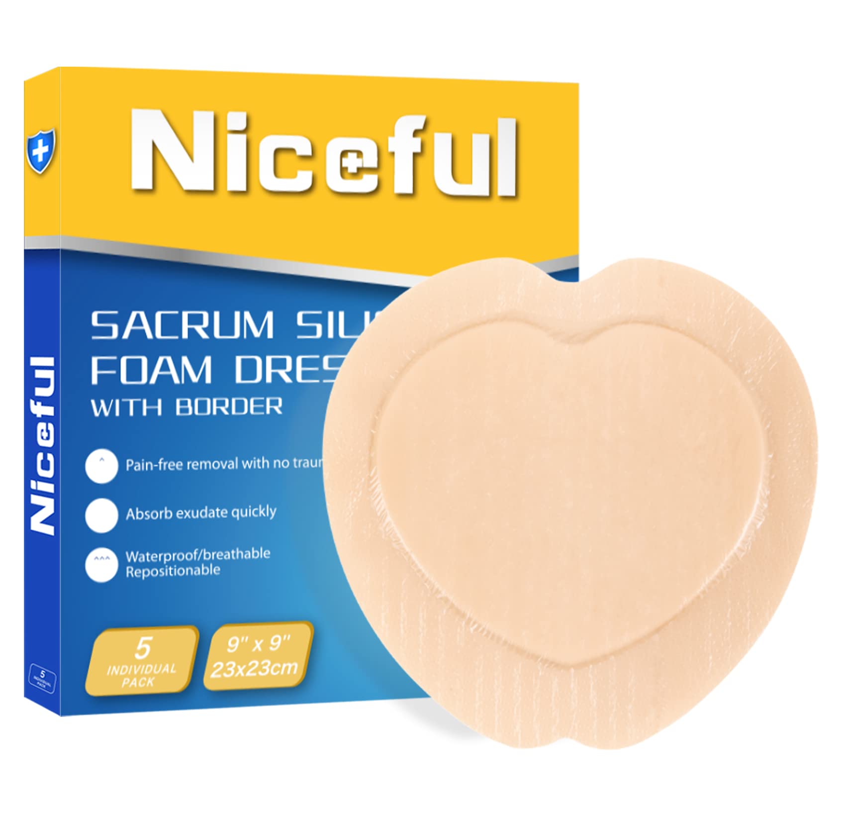 Niceful Sacral Foam Dressing 9"x9", HSA FSA Eligible, Sacral Silicone Foam Dressing with Border Bed Sore Bandages for Large Wound, 5 Pcs