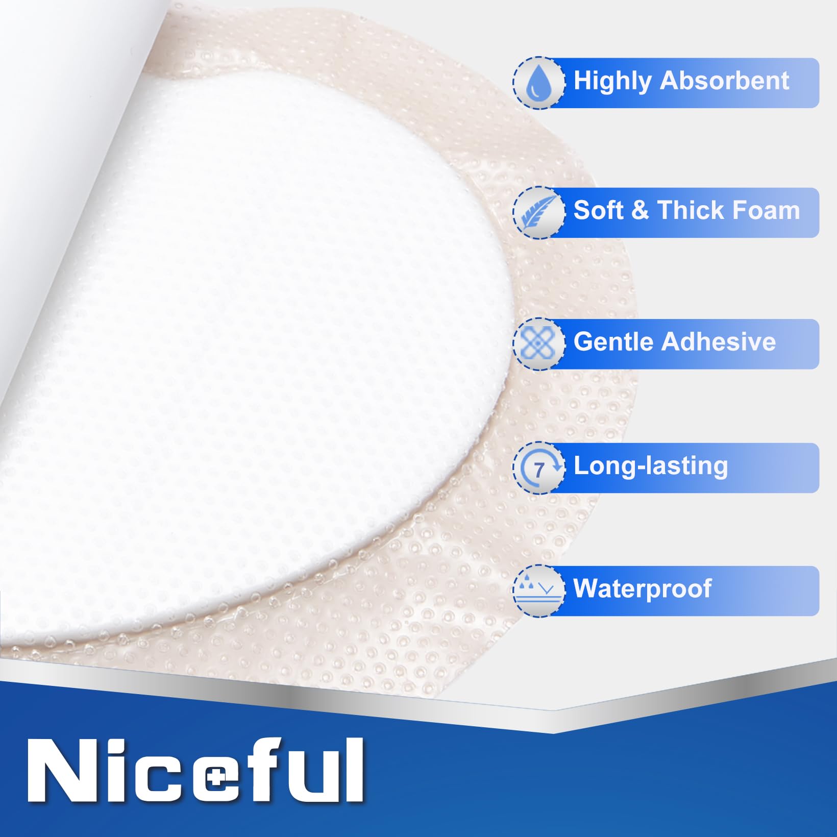 Niceful Sacral Foam Dressing 9"x9", HSA FSA Eligible, Sacral Silicone Foam Dressing with Border Bed Sore Bandages for Large Wound, 5 Pcs