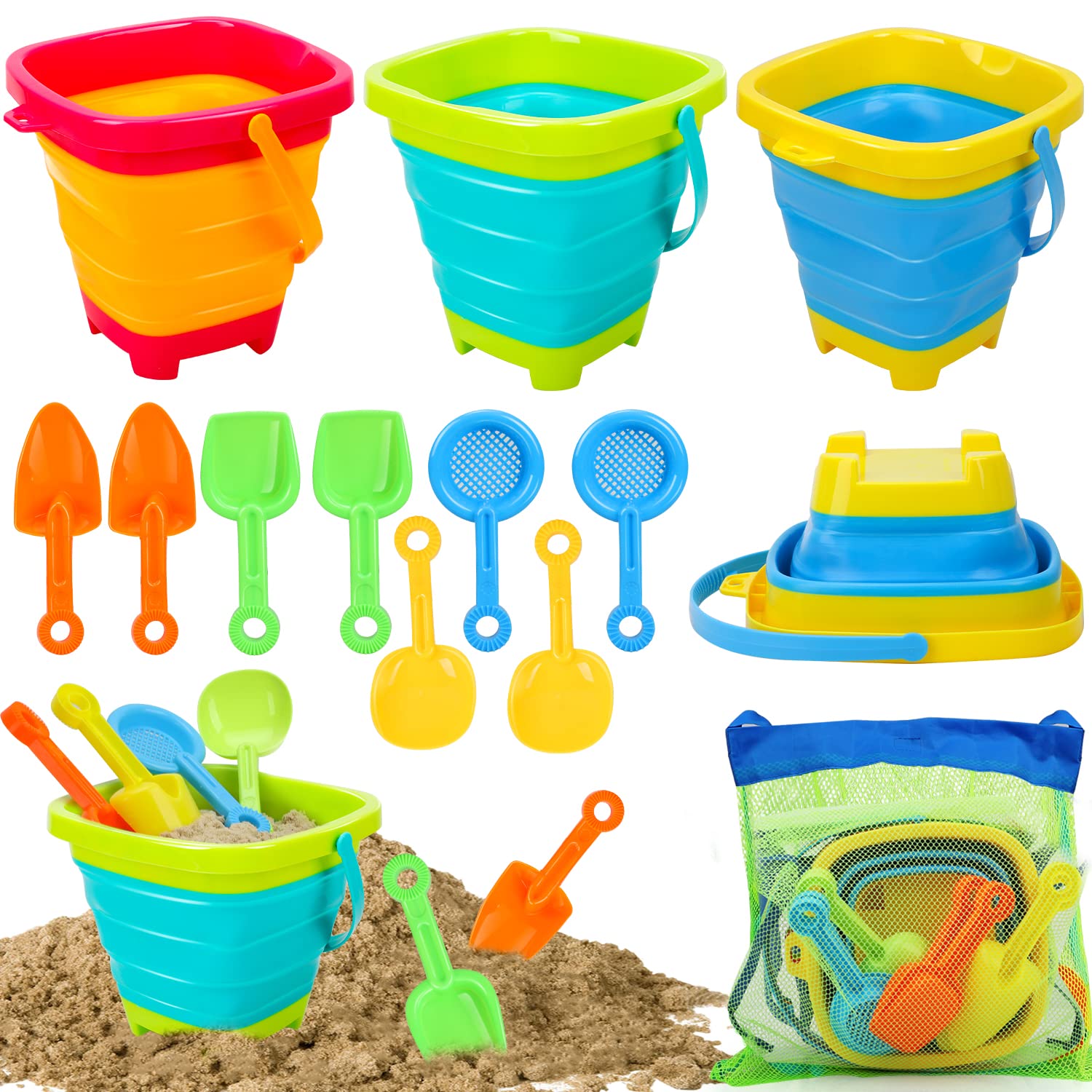 TOY Life Beach Toys for Toddler 1-3 Sand Toys for Kids Beach Toys for Kids Ages 4-8 with 4 Callapsible Buckets Sandbox Toys Beach Toys for Kids Ages 8-12 with Shovels Collapsible Beach Toys 2.5L