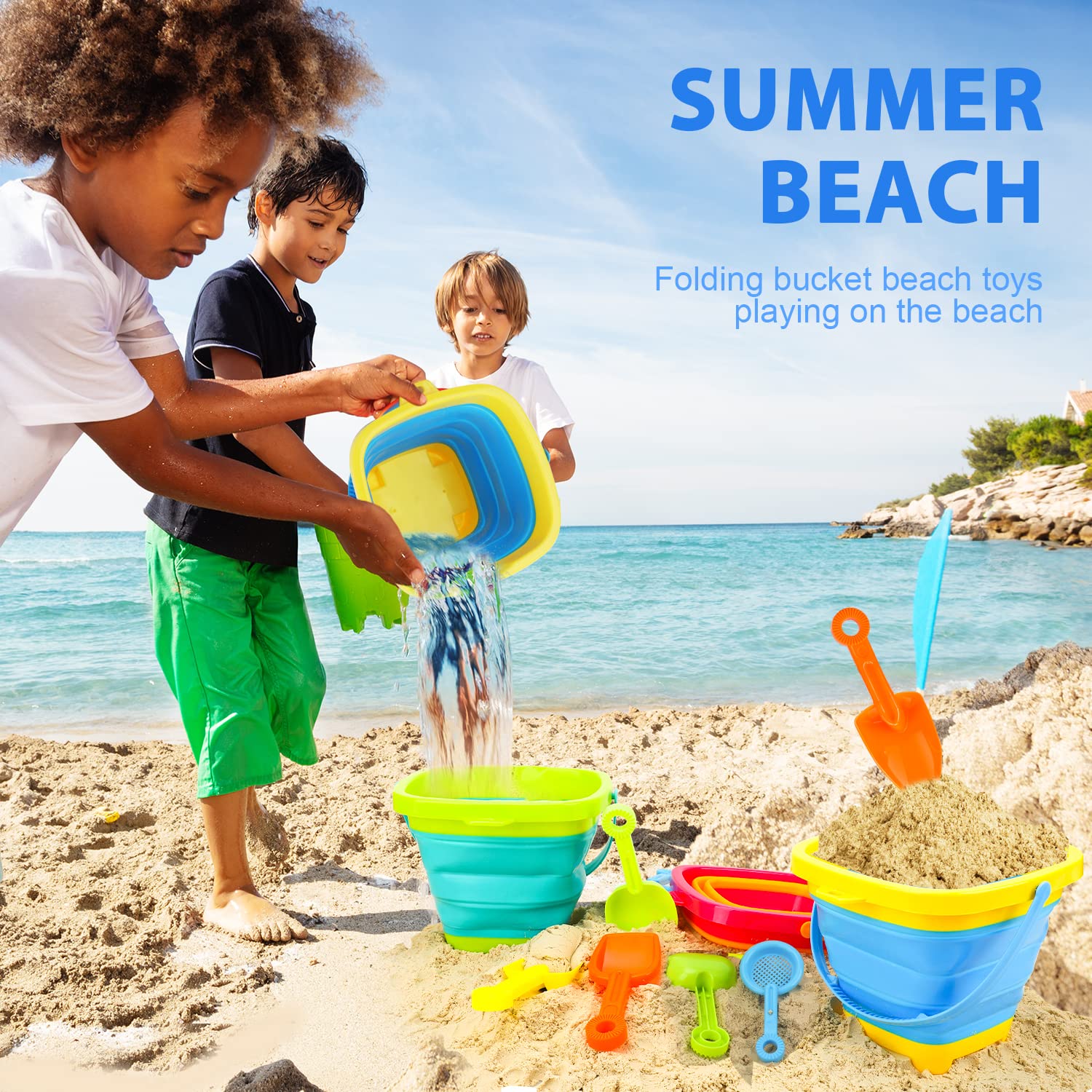 TOY Life Beach Toys for Toddler 1-3 Sand Toys for Kids Beach Toys for Kids Ages 4-8 with 4 Callapsible Buckets Sandbox Toys Beach Toys for Kids Ages 8-12 with Shovels Collapsible Beach Toys 2.5L