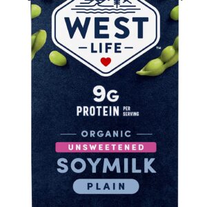 West Life Organic Soy Milk, Unsweetened Plain, Low Sugar, 9g of Protein, Vegan Dairy Alternative, Lactose-Free, Shelf Stable, 32oz (Pack of 6)