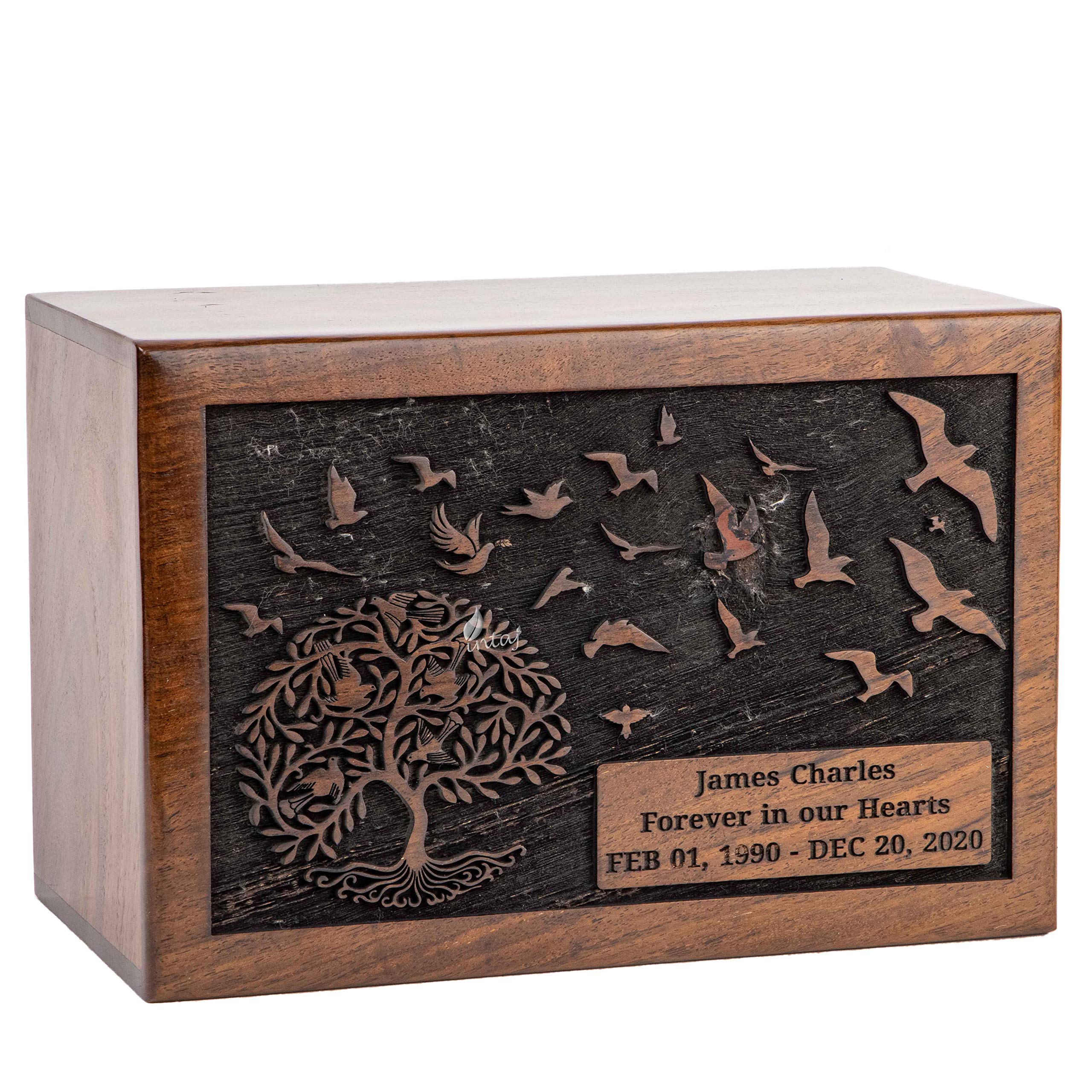 INTAJ Cremation Urn for Human Ashes Adult Male Female - Tree of Life Wooden Box Urn for Ashes - Handmade Decorative Funeral Urn (Customised Tree Birds, L (9x6x5) 185 Cu/in)