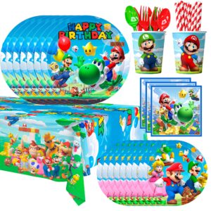 Fruitful Life Super Mario Party Decorations, 161pcs Place Setting - Mario Themed Plates, Napkins, Cups & Tablecloth etc for Boys/Girls Kids Birthday