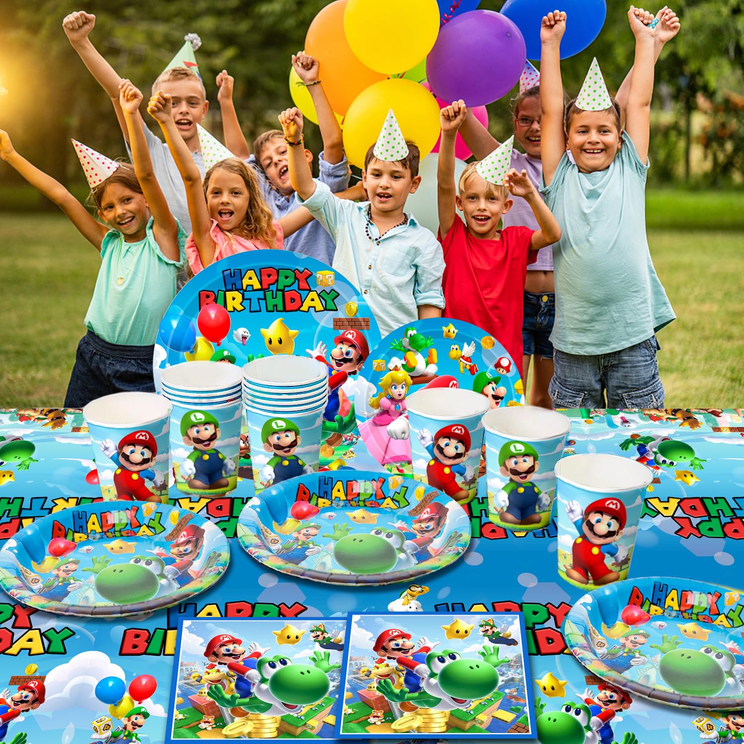 Fruitful Life Super Mario Party Decorations, 161pcs Place Setting - Mario Themed Plates, Napkins, Cups & Tablecloth etc for Boys/Girls Kids Birthday