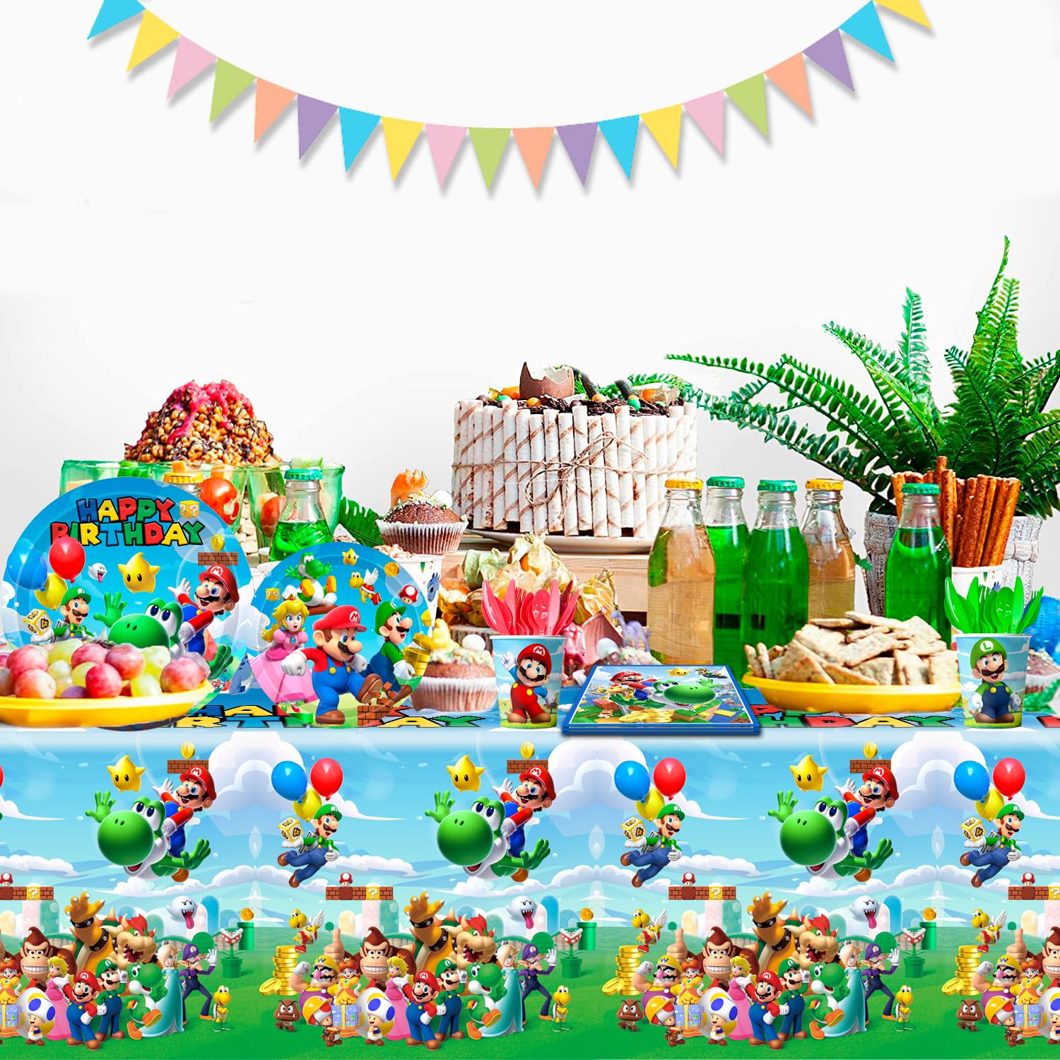 Fruitful Life Super Mario Party Decorations, 161pcs Place Setting - Mario Themed Plates, Napkins, Cups & Tablecloth etc for Boys/Girls Kids Birthday