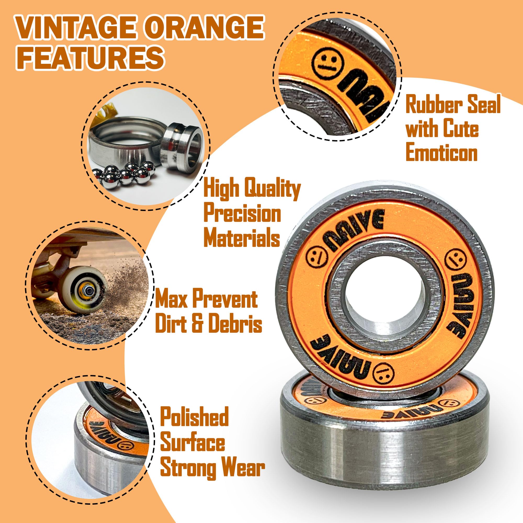 Naivskb Skate Bearings 8mm 16 Pack, Precision 608 Bearings Quad Inline Speed Roller Skate Derby Skateboard Longboard(Vintage Orange)