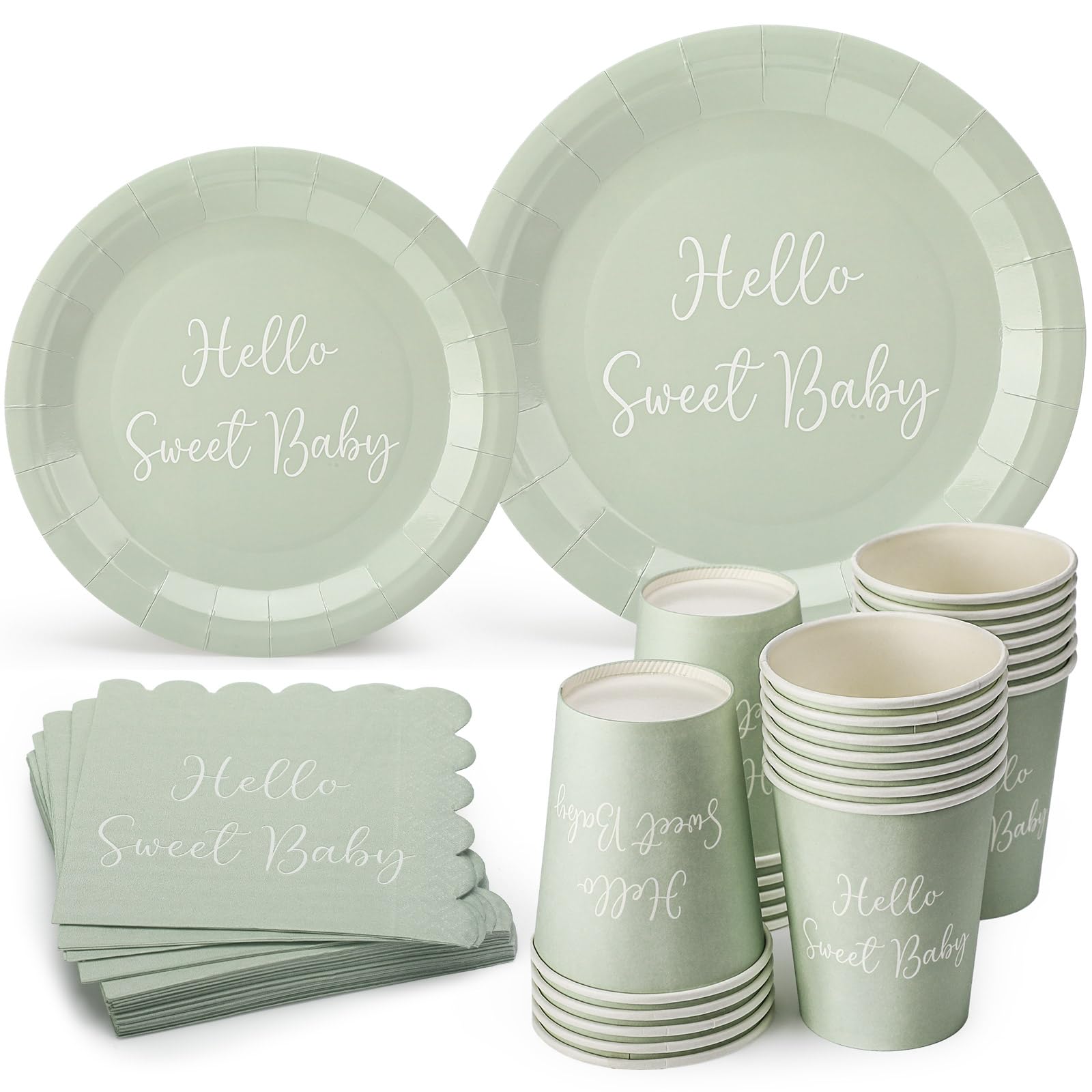 Mifoci 122 Pcs Baby Shower Sage Green Party Supplies Include 7 Inch 9 Inch Disposable Sage Green Paper Plates 9 oz Paper Cup Sage Green Napkin Cocktail Napkins