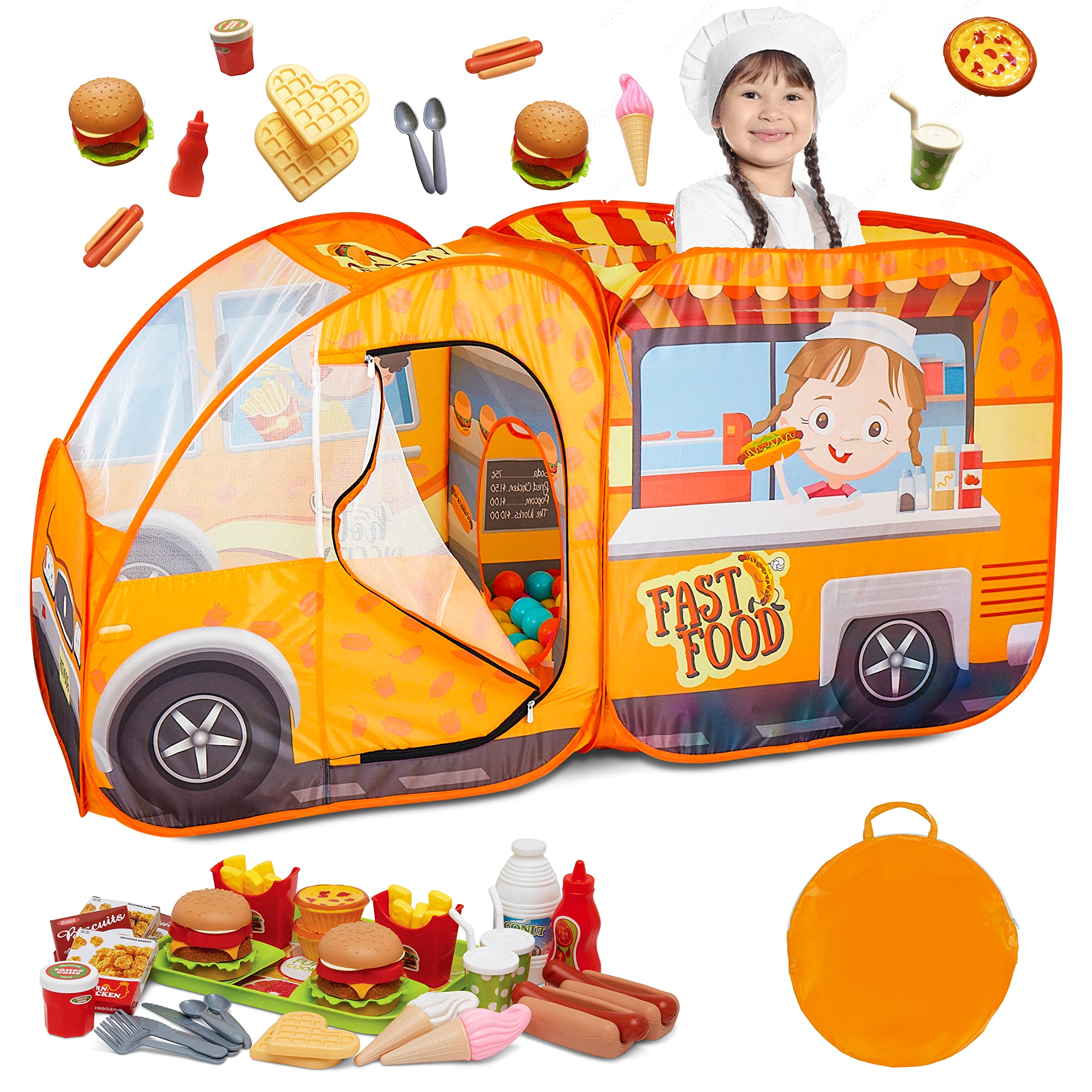 Kiddzery Food Truck Play Tent - 54 Pc. Food Set Pop Up Playhouse - Pretend Play Toys for Toddlers - Ball Pit Playset - Indoor & Outdoor Toy Tents for Kids - Trucks for Boys & Girls