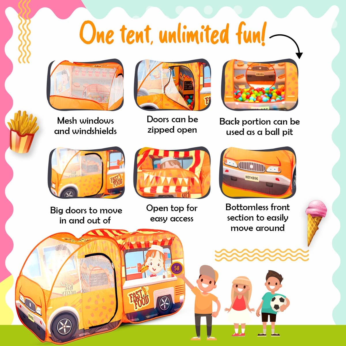 Kiddzery Food Truck Play Tent - 54 Pc. Food Set Pop Up Playhouse - Pretend Play Toys for Toddlers - Ball Pit Playset - Indoor & Outdoor Toy Tents for Kids - Trucks for Boys & Girls