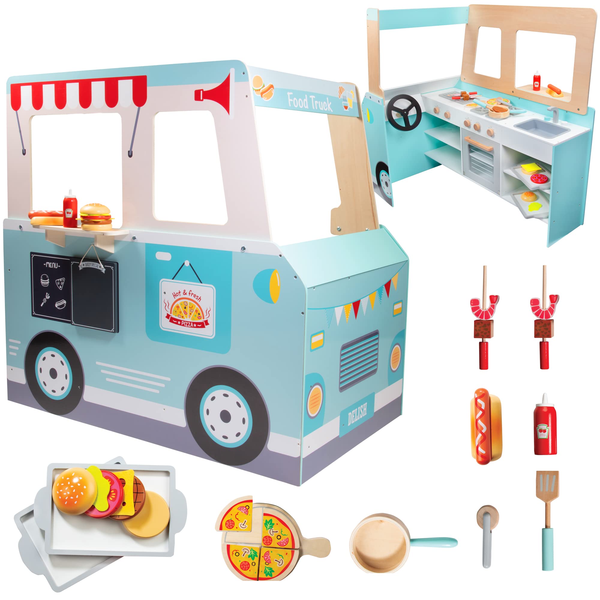 Svan Food Truck Wooden Playset, 20 Fun Toy Pieces Including Cook Top, Steering Wheel, Sticker Sheet for Kids Name, includes Food Tray, Pizza Slices & More, Dual Sided Play Stand for Indoor Fun