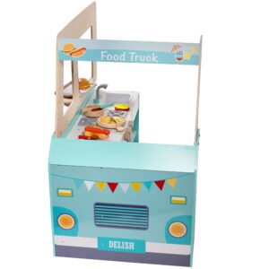 Svan Food Truck Wooden Playset, 20 Fun Toy Pieces Including Cook Top, Steering Wheel, Sticker Sheet for Kids Name, includes Food Tray, Pizza Slices & More, Dual Sided Play Stand for Indoor Fun