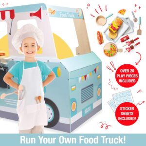 Svan Food Truck Wooden Playset, 20 Fun Toy Pieces Including Cook Top, Steering Wheel, Sticker Sheet for Kids Name, includes Food Tray, Pizza Slices & More, Dual Sided Play Stand for Indoor Fun