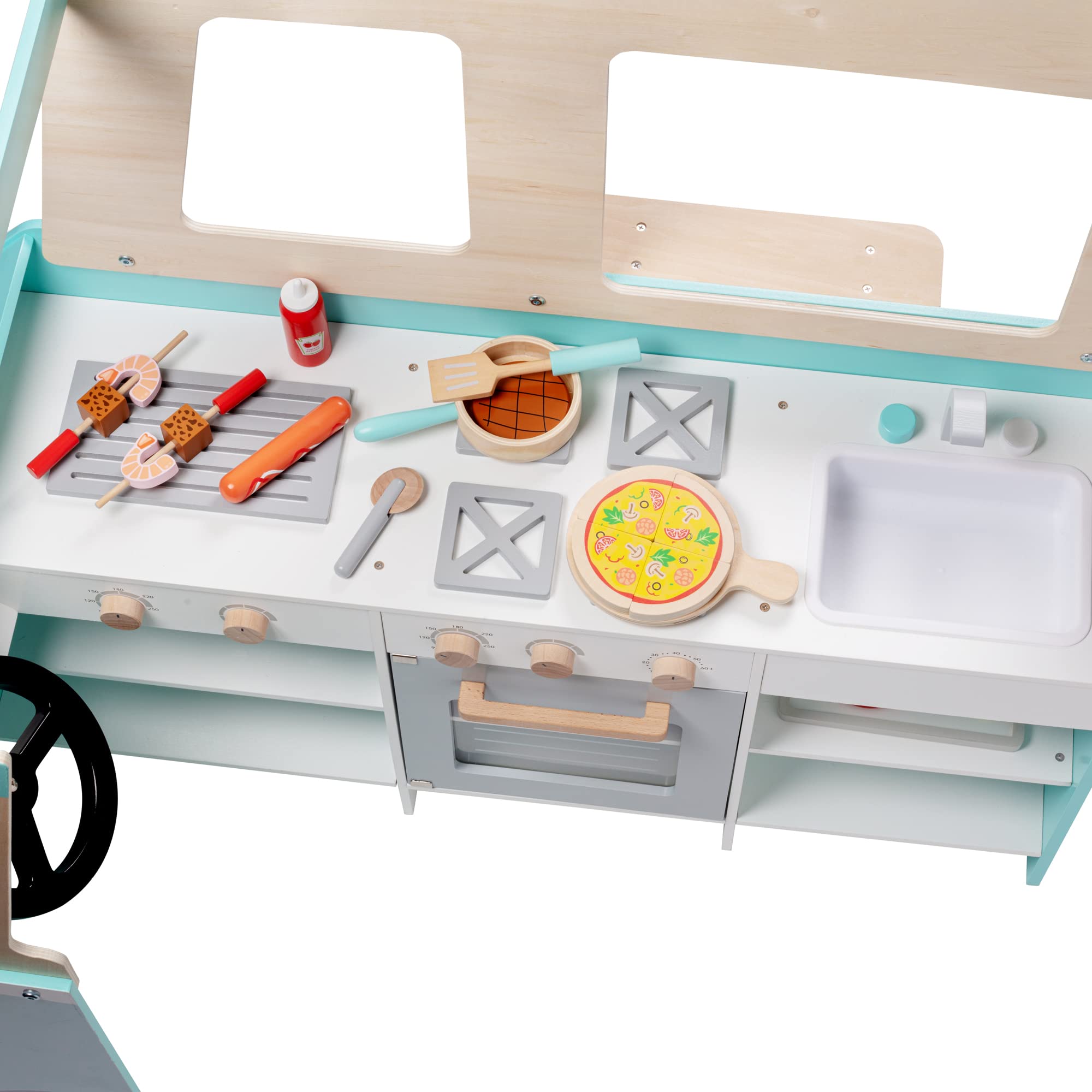 Svan Food Truck Wooden Playset, 20 Fun Toy Pieces Including Cook Top, Steering Wheel, Sticker Sheet for Kids Name, includes Food Tray, Pizza Slices & More, Dual Sided Play Stand for Indoor Fun