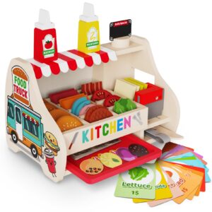 victostar wooden play food set (58 pcs) slice & stack sandwich counter, pretend play store food toys, burger shop toys for boys and girls