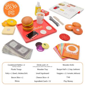 Victostar Wooden Play Food Set (58 pcs) Slice & Stack Sandwich Counter, Pretend Play Store Food Toys, Burger Shop Toys for Boys and Girls