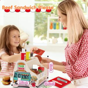 Victostar Wooden Play Food Set (58 pcs) Slice & Stack Sandwich Counter, Pretend Play Store Food Toys, Burger Shop Toys for Boys and Girls