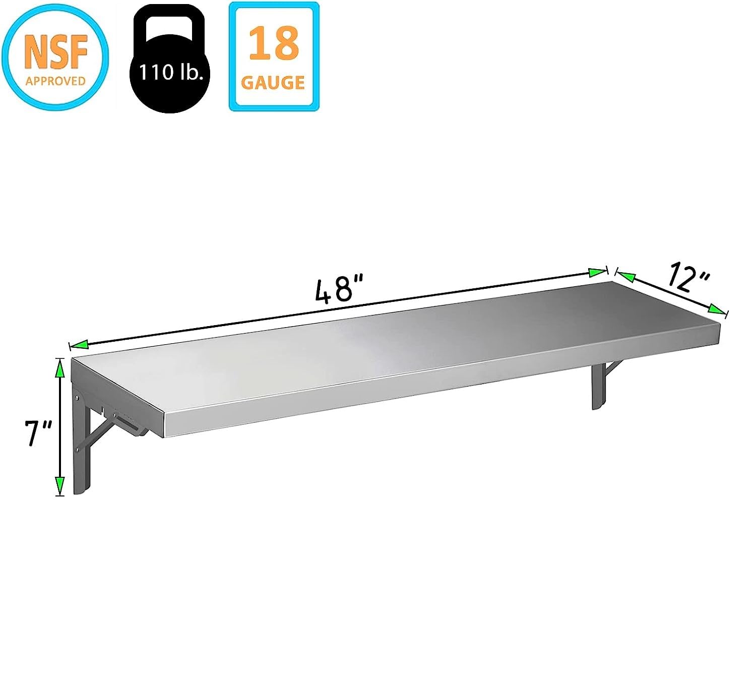 Express KitchQuip 12" x 48" Stainless Steel Folding Wall Shelf - Food Truck, Kitchen, Restaurant, Laundy, Garage and Utility Room