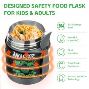 Pawtong 10oz Soup Thermo for Hot Food Kids Insulated Food Jar,Thermo Hot Food Lunch Container, Width Mouth Stainless Steel Lunch Box for Kids with Spoon (Black-Truck)