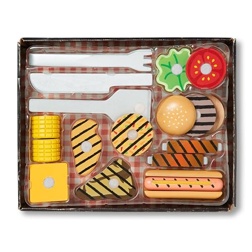 Melissa & Doug Grill and Serve BBQ Set (20 pcs) - Wooden Play Food and Accessories