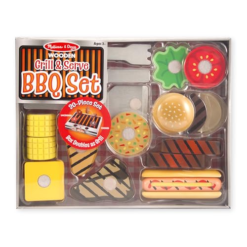 Melissa & Doug Grill and Serve BBQ Set (20 pcs) - Wooden Play Food and Accessories