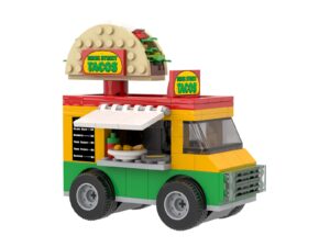 brick loot taco truck toy building block set with spinning street sign, for adults & kids age 6+, 100% compatible with lego and other major brands, custom-designed toy building set model, 185 pieces