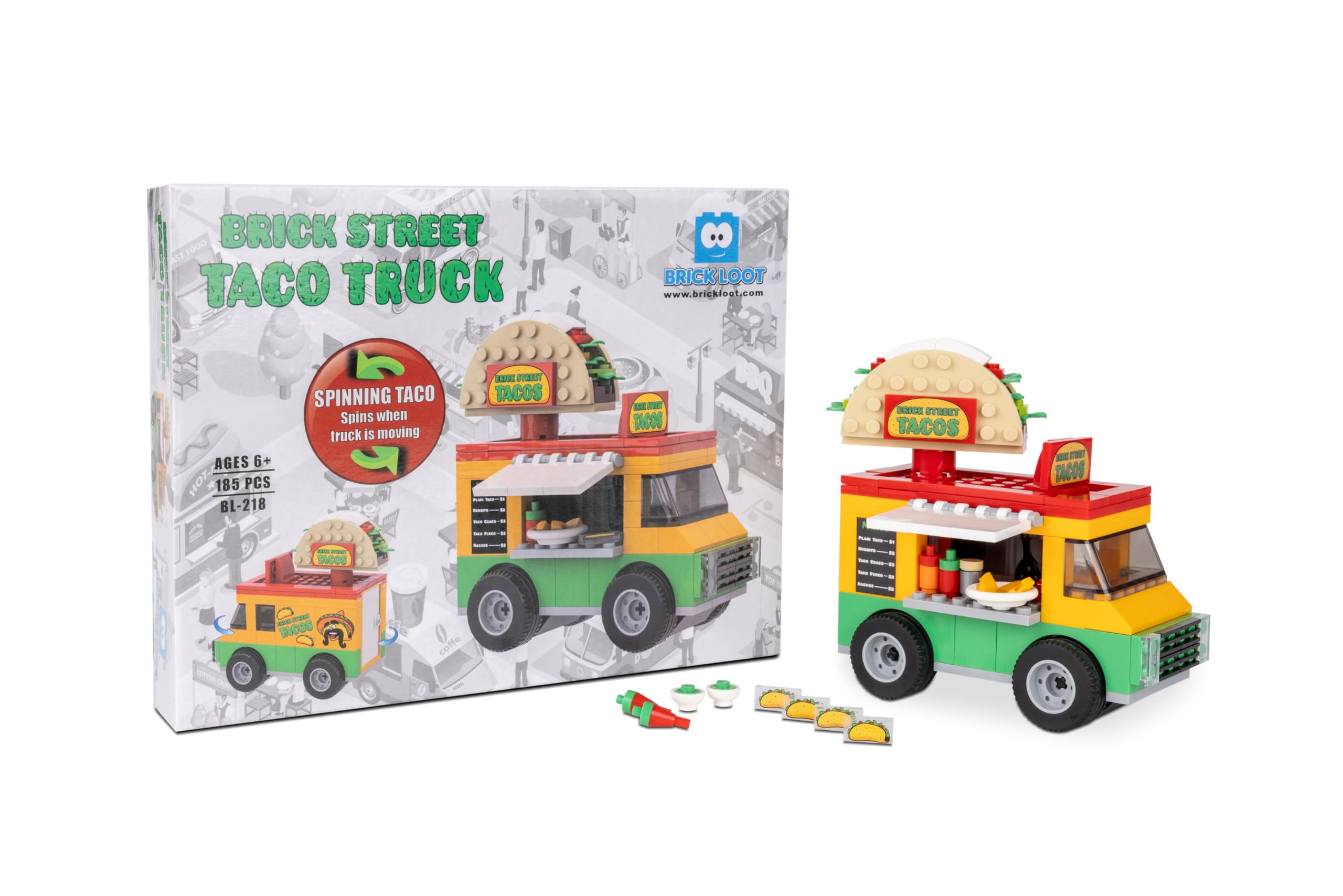 Brick Loot Taco Truck Toy Building Block Set with Spinning Street Sign, for Adults & Kids Age 6+, 100% Compatible with Lego and Other Major Brands, Custom-Designed Toy Building Set Model, 185 Pieces