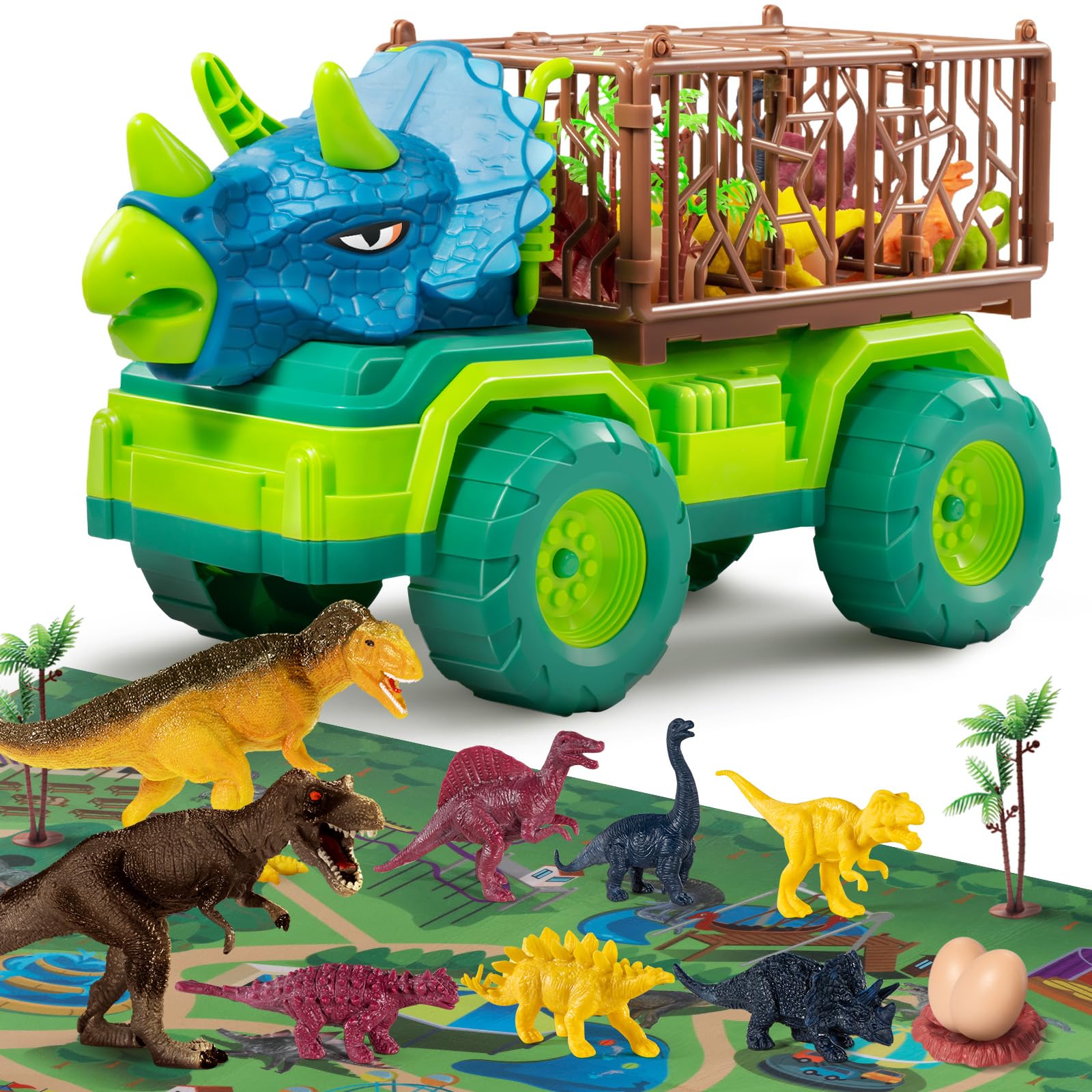 TEMI Dinosaur Truck Toy for Kids 3-5 Years, Triceratops Transport Car Carrier with 8 Dino Figures, Activity Play Mat, Dino Eggs and Trees, Capture Jurassic Dinosaurs Play Set for Boys and Girls