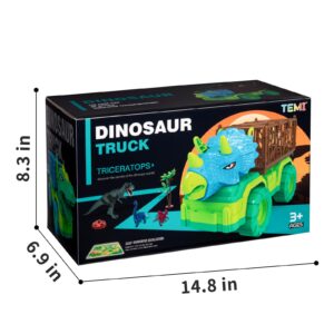 TEMI Dinosaur Truck Toy for Kids 3-5 Years, Triceratops Transport Car Carrier with 8 Dino Figures, Activity Play Mat, Dino Eggs and Trees, Capture Jurassic Dinosaurs Play Set for Boys and Girls