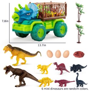 TEMI Dinosaur Truck Toy for Kids 3-5 Years, Triceratops Transport Car Carrier with 8 Dino Figures, Activity Play Mat, Dino Eggs and Trees, Capture Jurassic Dinosaurs Play Set for Boys and Girls