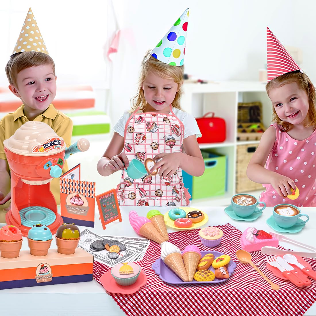 G.C 61Pcs Ice Cream Play Set Toy Kids Toddlers Pretend Play Ice Cream Maker Shop Counter Apron Scoop Dessert Food Kitchen Accessories Playset Girls Boys Birthday Gifts for 3 4 5 6 Years Old