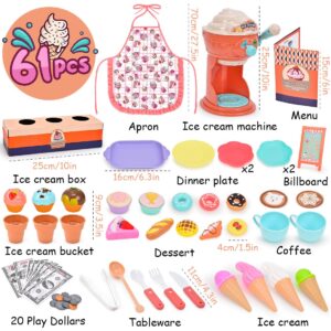 G.C 61Pcs Ice Cream Play Set Toy Kids Toddlers Pretend Play Ice Cream Maker Shop Counter Apron Scoop Dessert Food Kitchen Accessories Playset Girls Boys Birthday Gifts for 3 4 5 6 Years Old