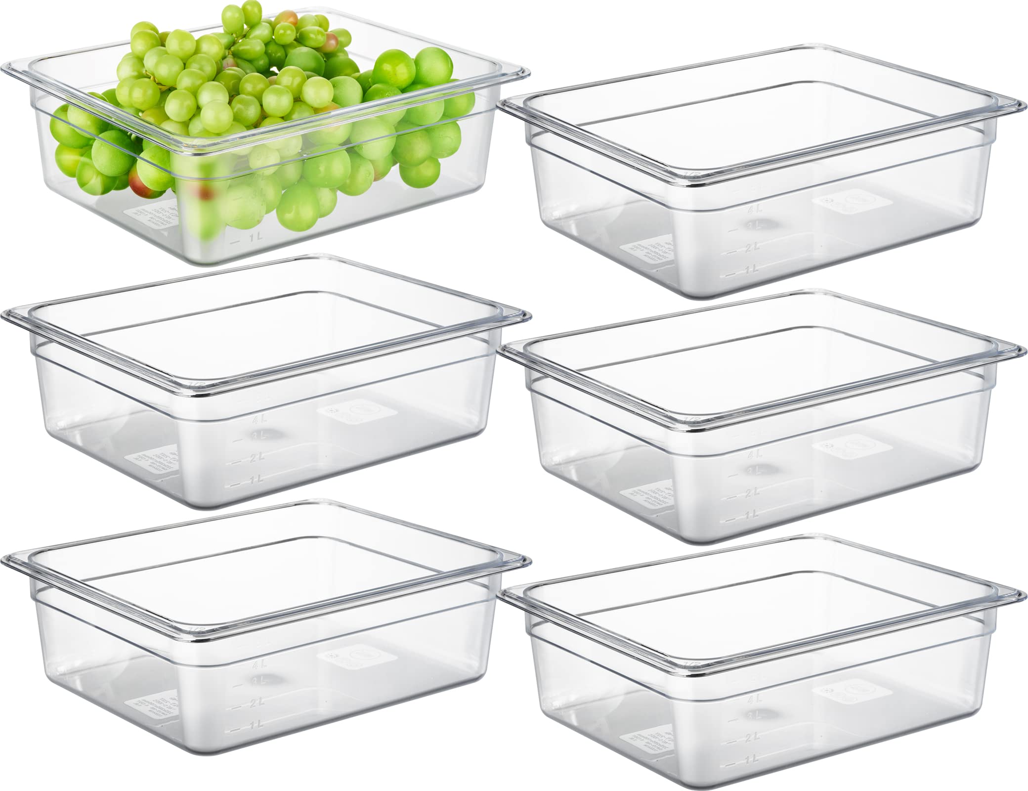 CURTA 6 Pack NSF Food Pans, Half Size 4 Inch Deep, Commercial Polycarbonate Plastic Clear Freezer-Safe