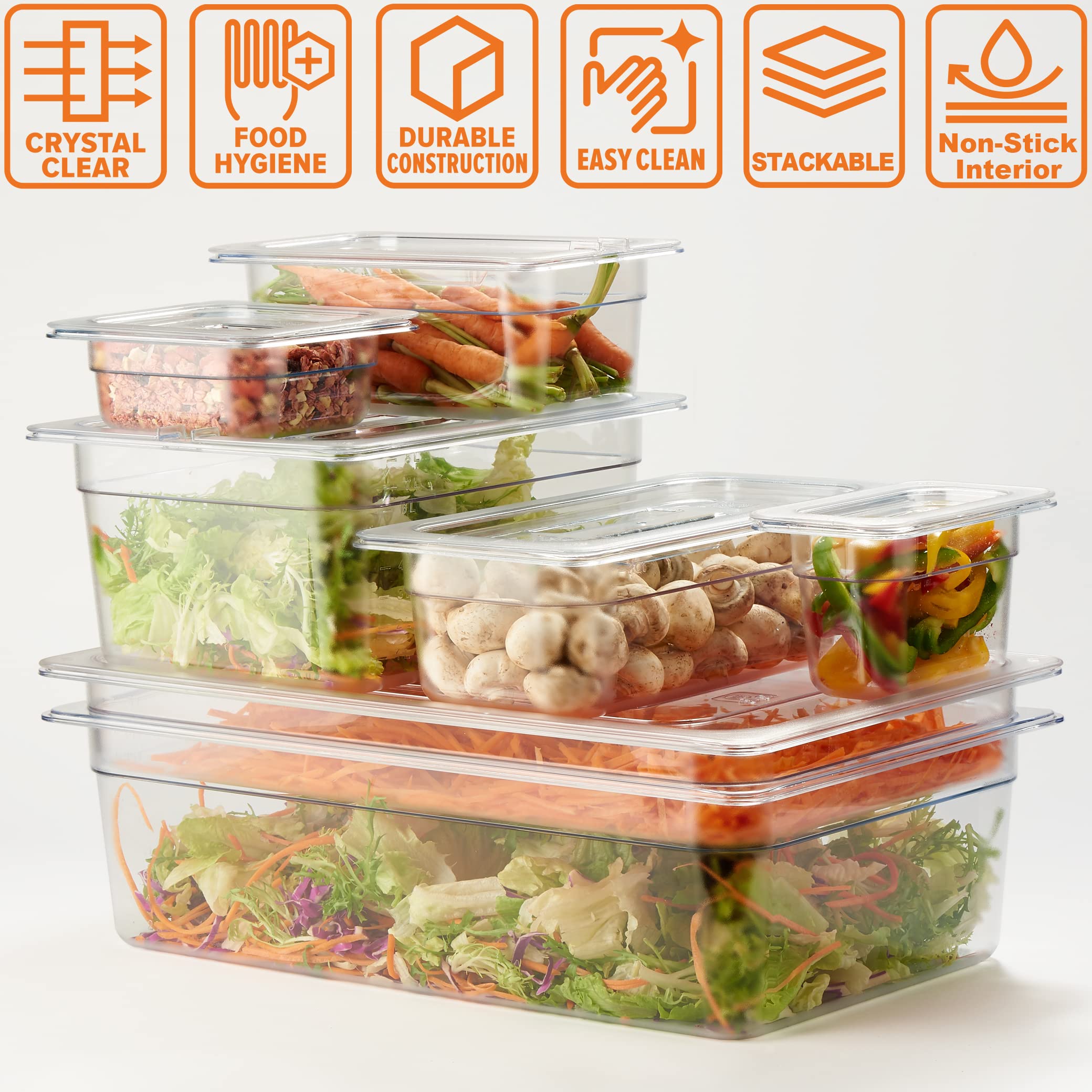 CURTA 6 Pack NSF Food Pans, Half Size 4 Inch Deep, Commercial Polycarbonate Plastic Clear Freezer-Safe