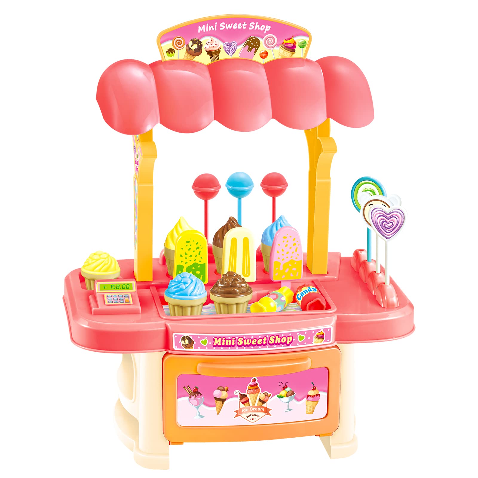 deAO Ice Cream Toy Stand Play Set for Boys& Girls, Educational Ice Cream Counter Deluxe Playset, Desserts Cake Ice Cream and Candy Pretend Play Food Sets, Birthday for Kids Aged 3-12