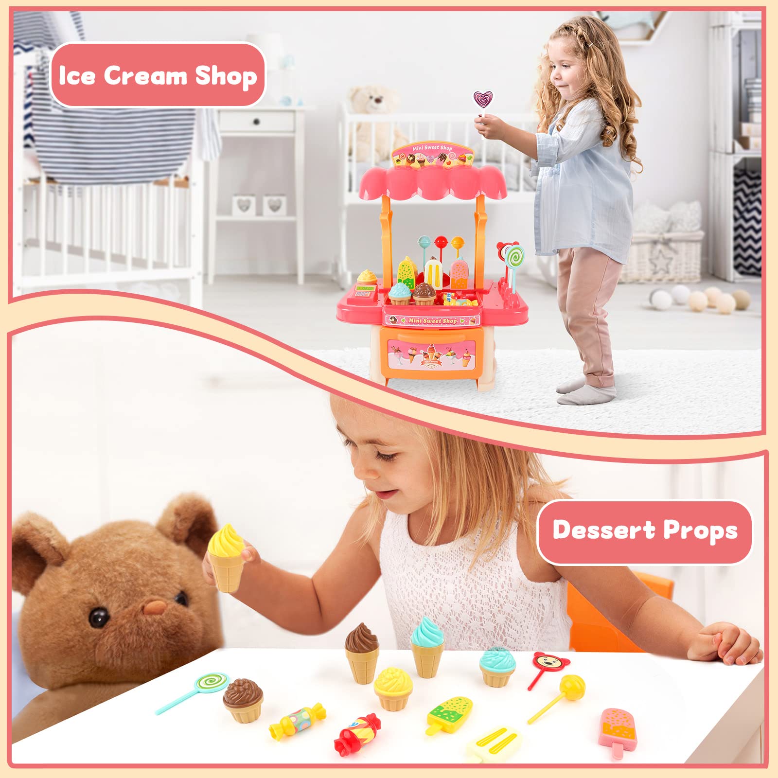 deAO Ice Cream Toy Stand Play Set for Boys& Girls, Educational Ice Cream Counter Deluxe Playset, Desserts Cake Ice Cream and Candy Pretend Play Food Sets, Birthday for Kids Aged 3-12