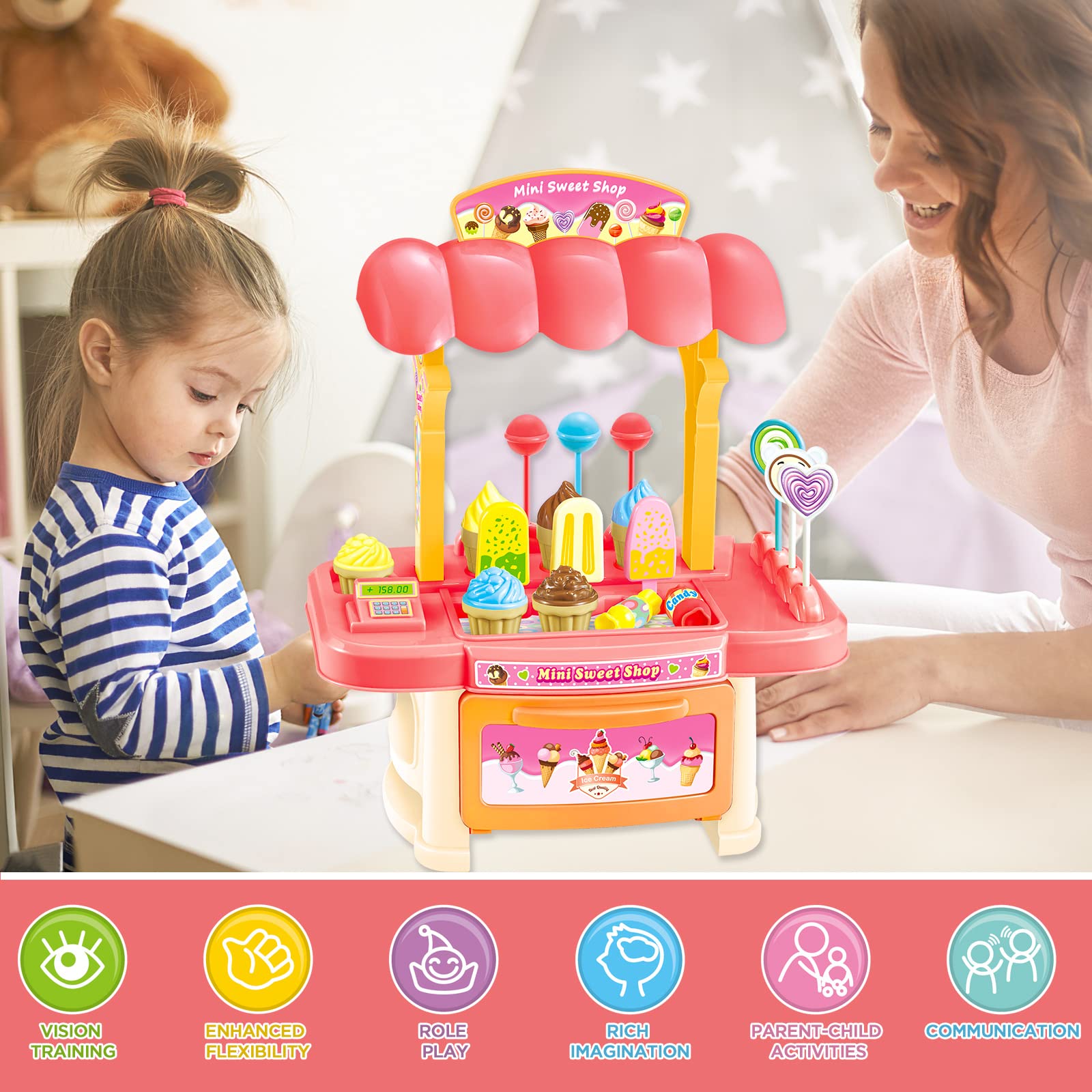 deAO Ice Cream Toy Stand Play Set for Boys& Girls, Educational Ice Cream Counter Deluxe Playset, Desserts Cake Ice Cream and Candy Pretend Play Food Sets, Birthday for Kids Aged 3-12