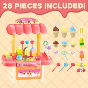 deAO Ice Cream Toy Stand Play Set for Boys& Girls, Educational Ice Cream Counter Deluxe Playset, Desserts Cake Ice Cream and Candy Pretend Play Food Sets, Birthday for Kids Aged 3-12