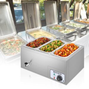 ROVSUN 21QT Electric Commercial Food Warmer, 110V 3-Pan Stainless Steel Bain Marie Buffet, 6.9 QT/Pan Stove Steam Table with Temperature Control & Lid for Parties, Catering, Restaurants