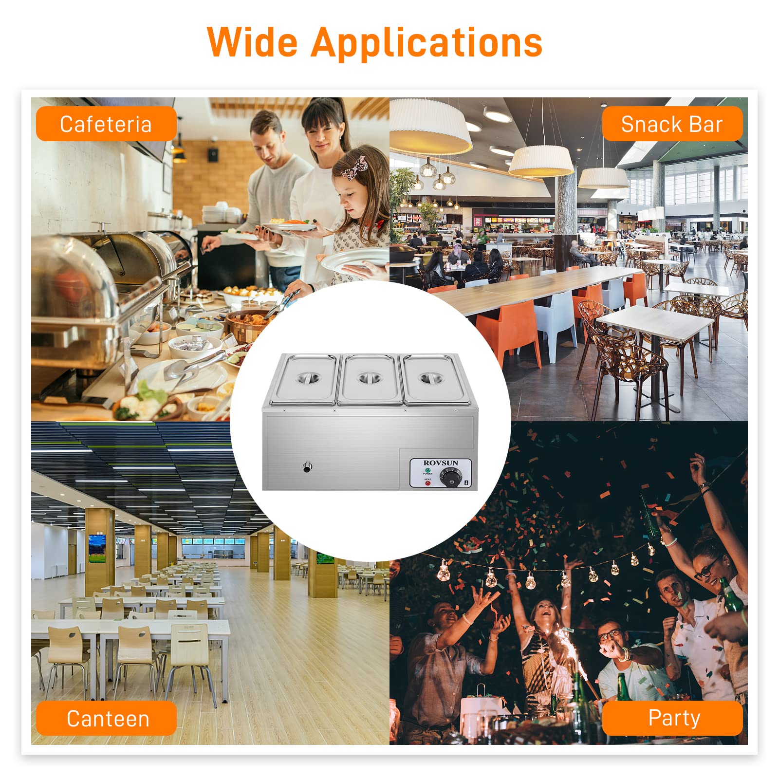 ROVSUN 21QT Electric Commercial Food Warmer, 110V 3-Pan Stainless Steel Bain Marie Buffet, 6.9 QT/Pan Stove Steam Table with Temperature Control & Lid for Parties, Catering, Restaurants