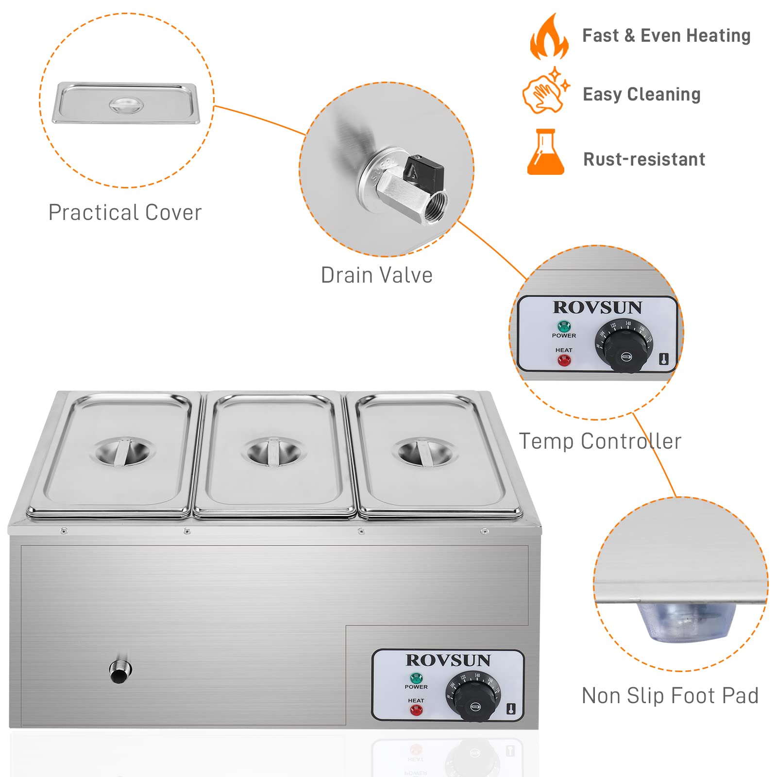 ROVSUN 21QT Electric Commercial Food Warmer, 110V 3-Pan Stainless Steel Bain Marie Buffet, 6.9 QT/Pan Stove Steam Table with Temperature Control & Lid for Parties, Catering, Restaurants