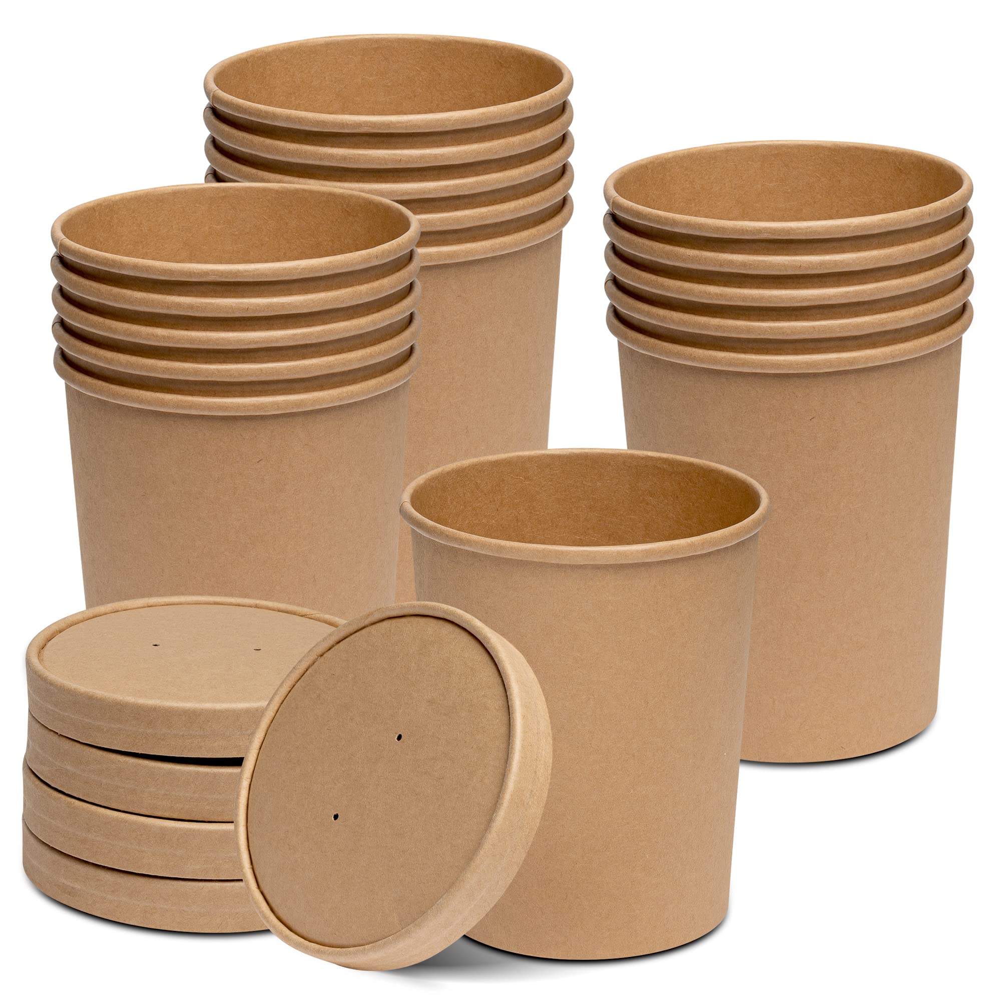 Comfy Package [25 Sets] 32 oz. Paper Food Containers With Vented Lids, To Go Hot Soup Bowls, Disposable Ice Cream Cups, Kraft