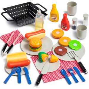 play-act 27 pcs kids bbq grill playset backyard barbecue play grill toy set for toddlers，play food sets for kids kitchen