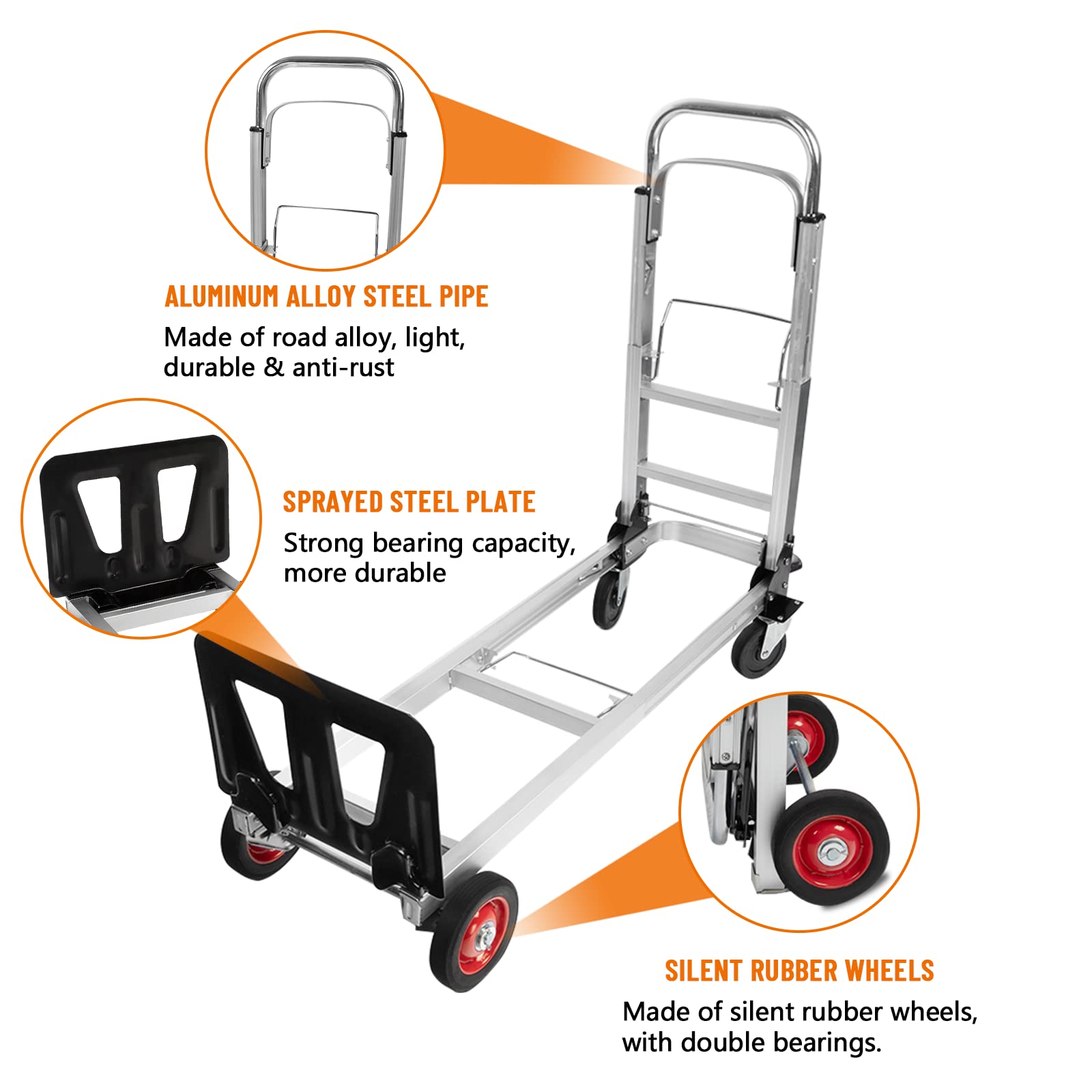 3 in 1 Aluminum Hand Truck Dolly Convertible Heavy Duty 460lbs Capacity Folding Hand Truck with 6'' Rubber Wheels and Telescoping Handles Multi-Position Hand Cart Dolly Platform