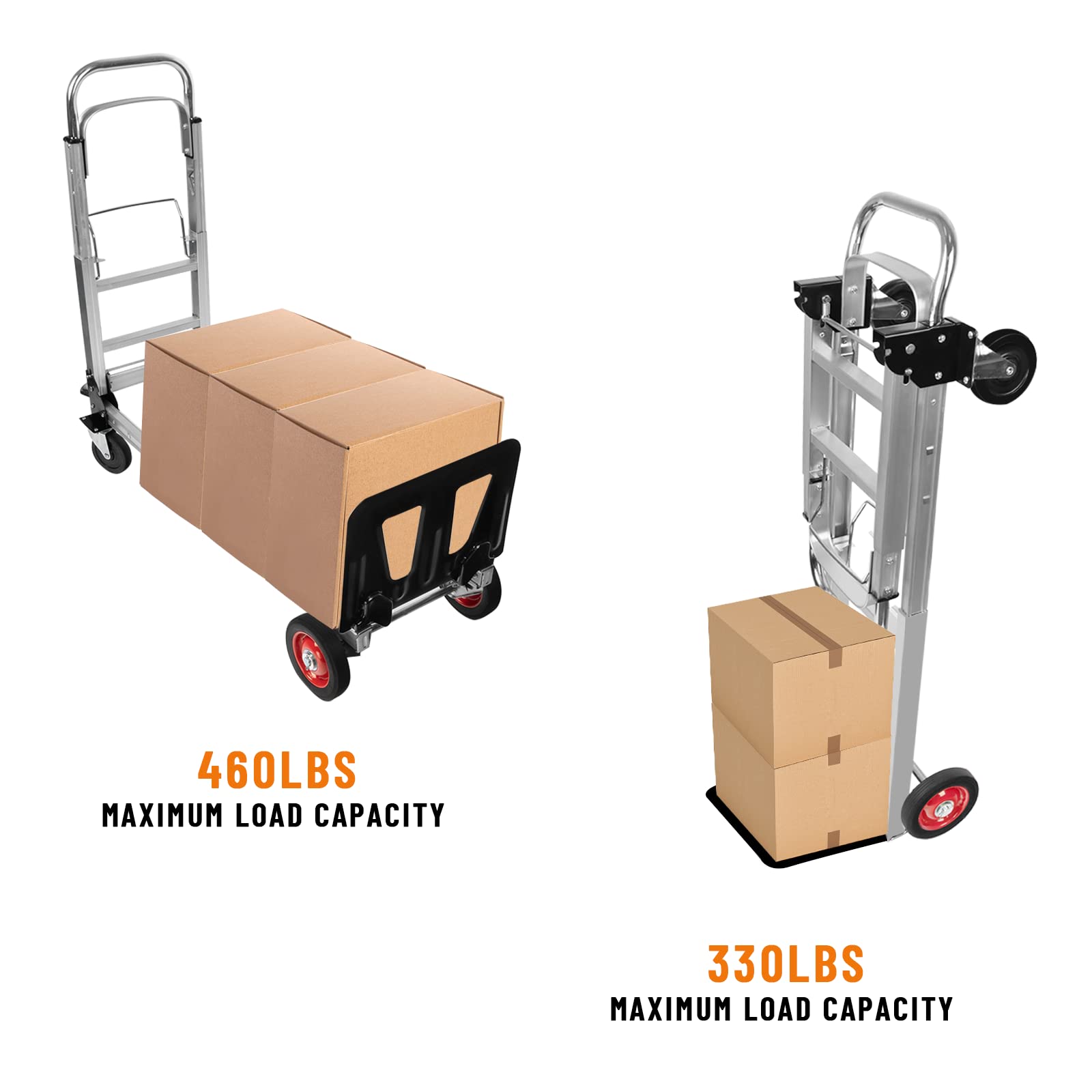 3 in 1 Aluminum Hand Truck Dolly Convertible Heavy Duty 460lbs Capacity Folding Hand Truck with 6'' Rubber Wheels and Telescoping Handles Multi-Position Hand Cart Dolly Platform