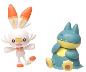 pokemon new sword and shield battle action figure 2 pack - munchlax and scorbunny 2-inch figures