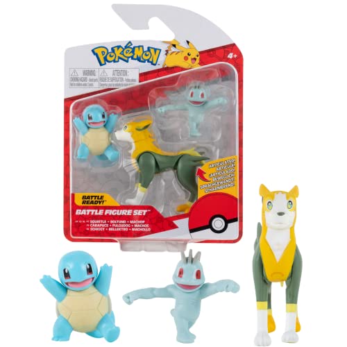 Pokemon PKW0180 3 Pack-Features 2 Squirtle, Machop & 3-Inch Boltund Battle Figures-Authentic Details, Multi