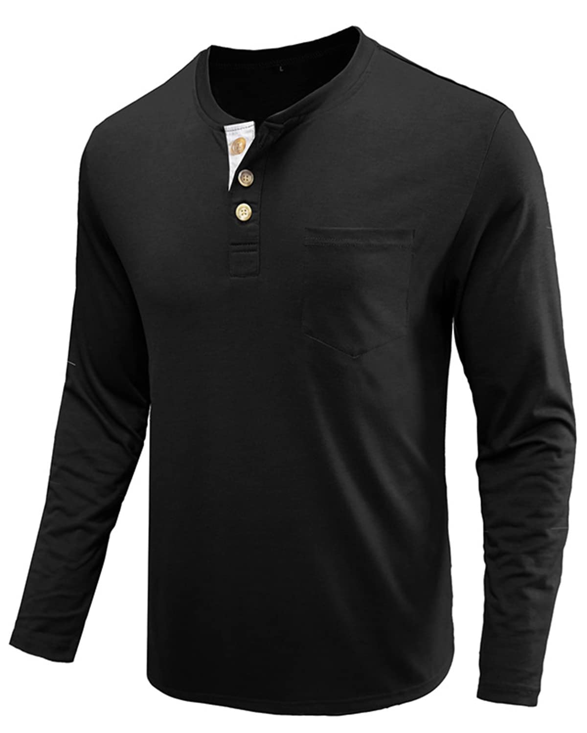 Fashion Mens Henley Shirts Classic Long Sleeve Basic Button Cotton T-Shirt with Pocket Black