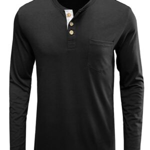 Fashion Mens Henley Shirts Classic Long Sleeve Basic Button Cotton T-Shirt with Pocket Black