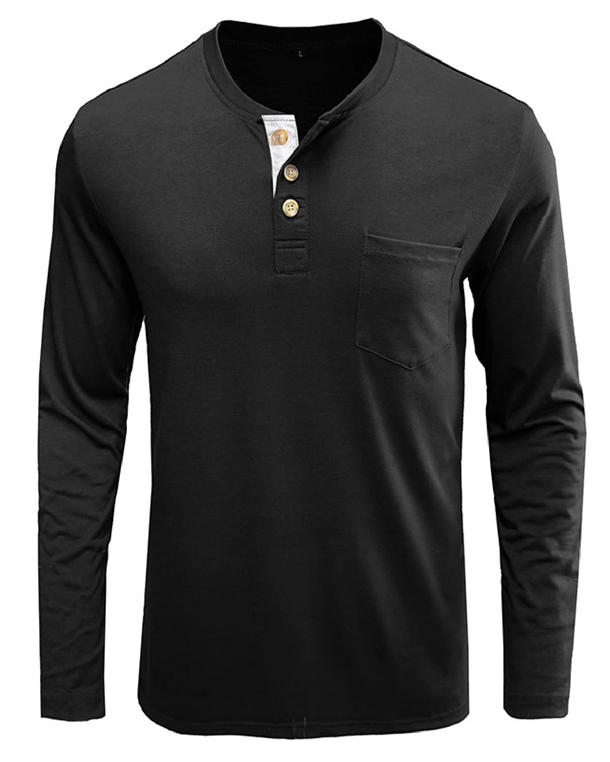 Fashion Mens Henley Shirts Classic Long Sleeve Basic Button Cotton T-Shirt with Pocket Black